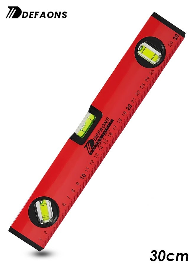 ديفاونز ميزان تسوية مغناطيسي بطول 30 سم، هيكل من الألومنيوم مع ثلاث فقاعات لقياس الزوايا 180 و90 و45 درجة، أداة قياس أفقية وعمودية، أغطية طرفية ماصة للصدمات، مغناطيس قوي، مناسب لأعمال البناء والنجارة والسباكة والكهرباء والأعمال اليدوية، أداة قياس احترافية ومتينة للاستخدام الشاق. - Image 1